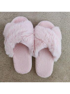 🆕Women's Pink Fuzzy Slippers Cross Band Memory Foam Faux-fur Open Toe Shoes